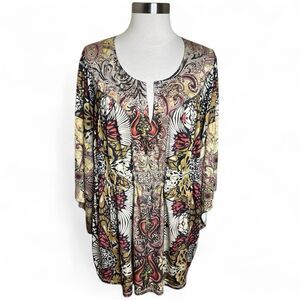 One World Top Womens 1X Multicolor Paisley Boho Tunic Beaded 3/4 Sleeve Fairy